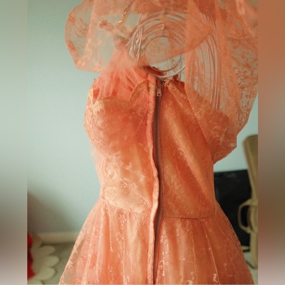 Vintage 1950s coral pink cupcake prom party dress gown with lace bolero. - Picture 5 of 5